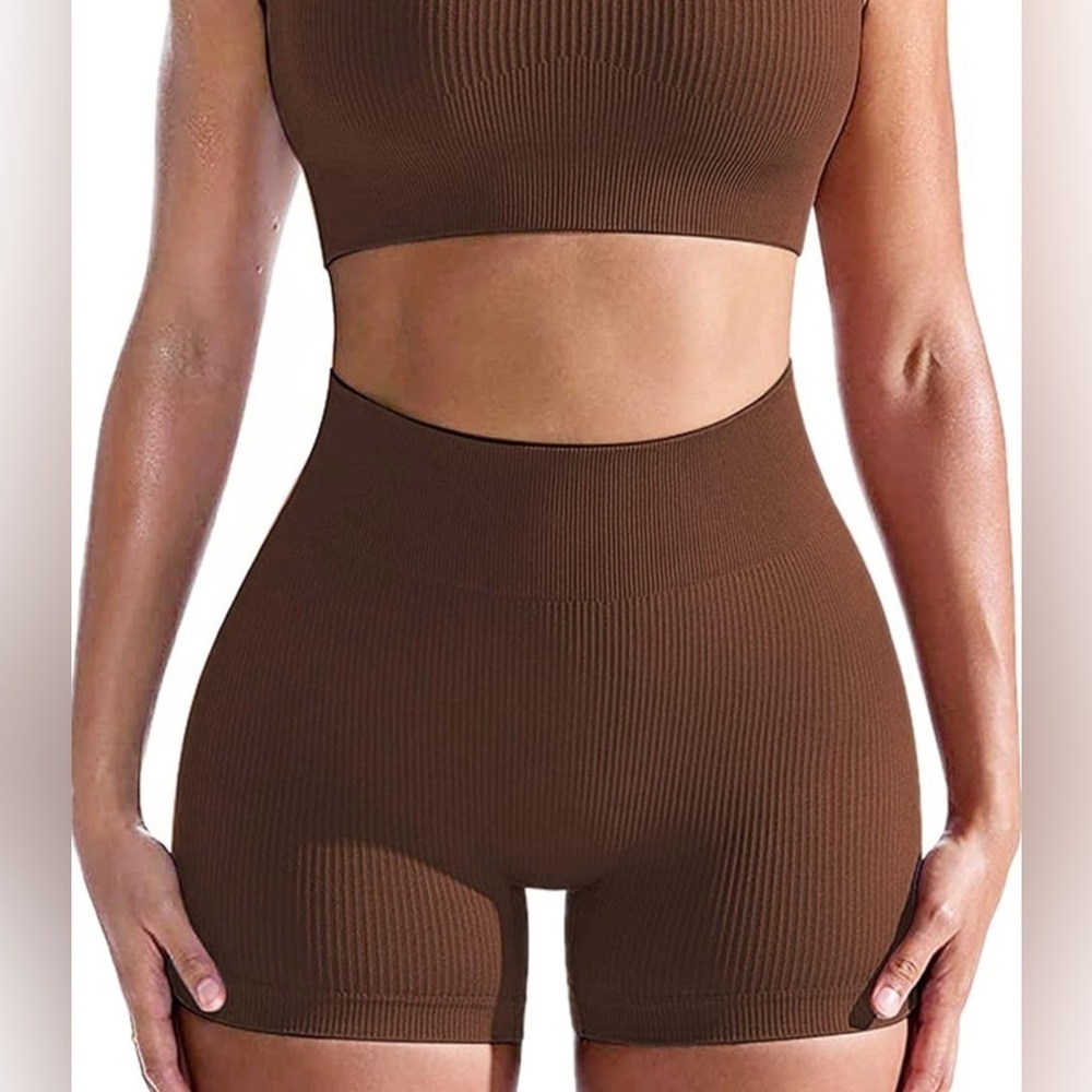 Brown Ribbed Seamless Spandex Workout Short Mid Thigh Multiple Sizes